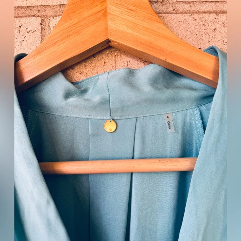Kobi Halperin Nanee Pleated Silk Longsleeve V Neck Blouse Blue Teal Size Large - Picture 8 of 8